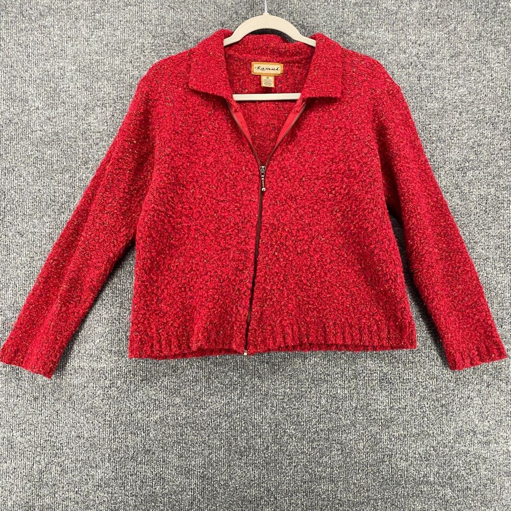 Vintage Kamal Cardigan Womens L Red Wool Blend Full Zip Granny Core Cotagecore‎